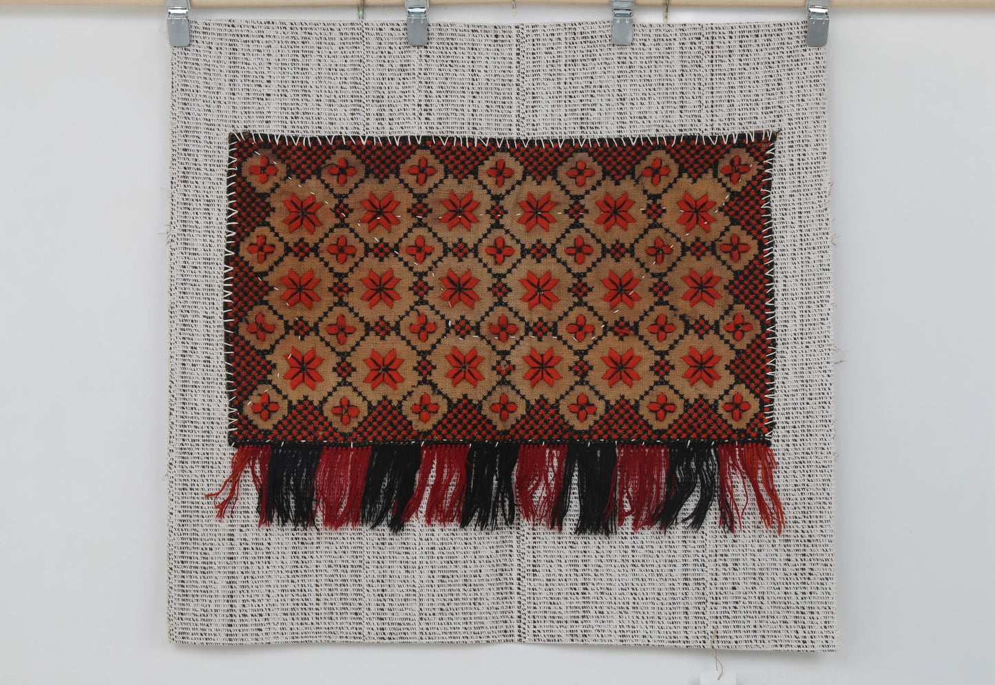 3x3 Handmade Wool Tapestry Rug, Geometric Textile Wall Hanging, Red Black Fiber Art Decor