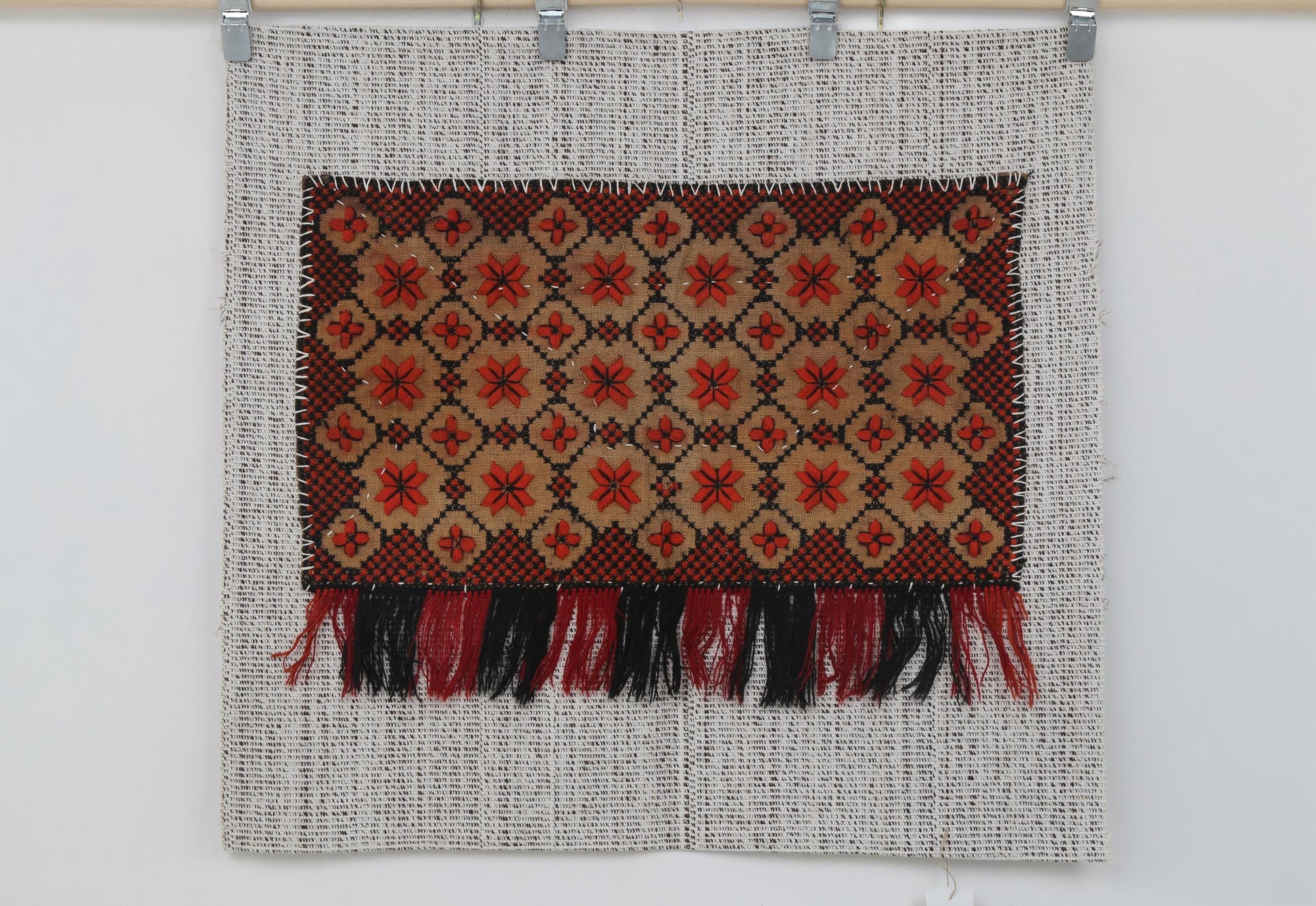 3x3 Handmade Wool Tapestry Rug, Geometric Textile Wall Hanging, Red Black Fiber Art Decor