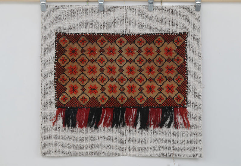 Vintage Turkish Tapestry Rug, Red Black Geometric Wall Hanging (3'2" x 3'5")