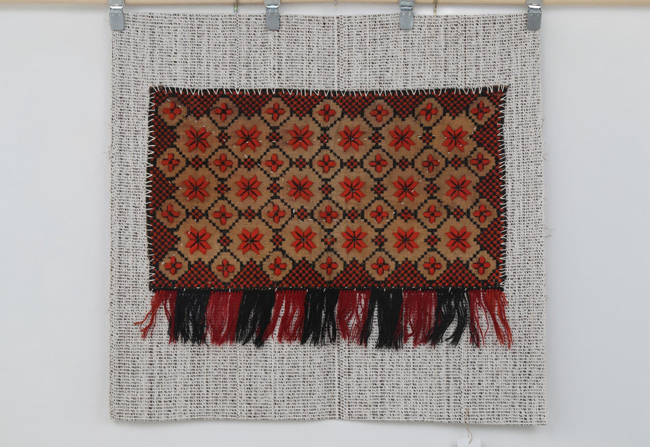 3x3 Handmade Wool Tapestry Rug, Geometric Textile Wall Hanging, Red Black Fiber Art Decor