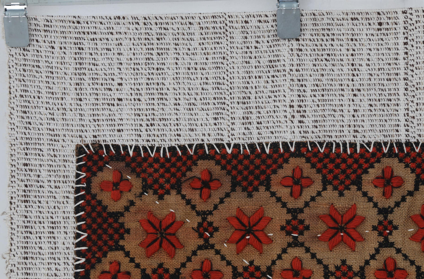 3x3 Handmade Wool Tapestry Rug, Geometric Textile Wall Hanging, Red Black Fiber Art Decor