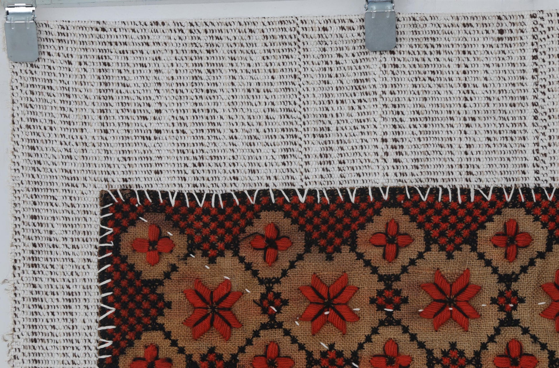 3x3 Handmade Wool Tapestry Rug, Geometric Textile Wall Hanging, Red Black Fiber Art Decor