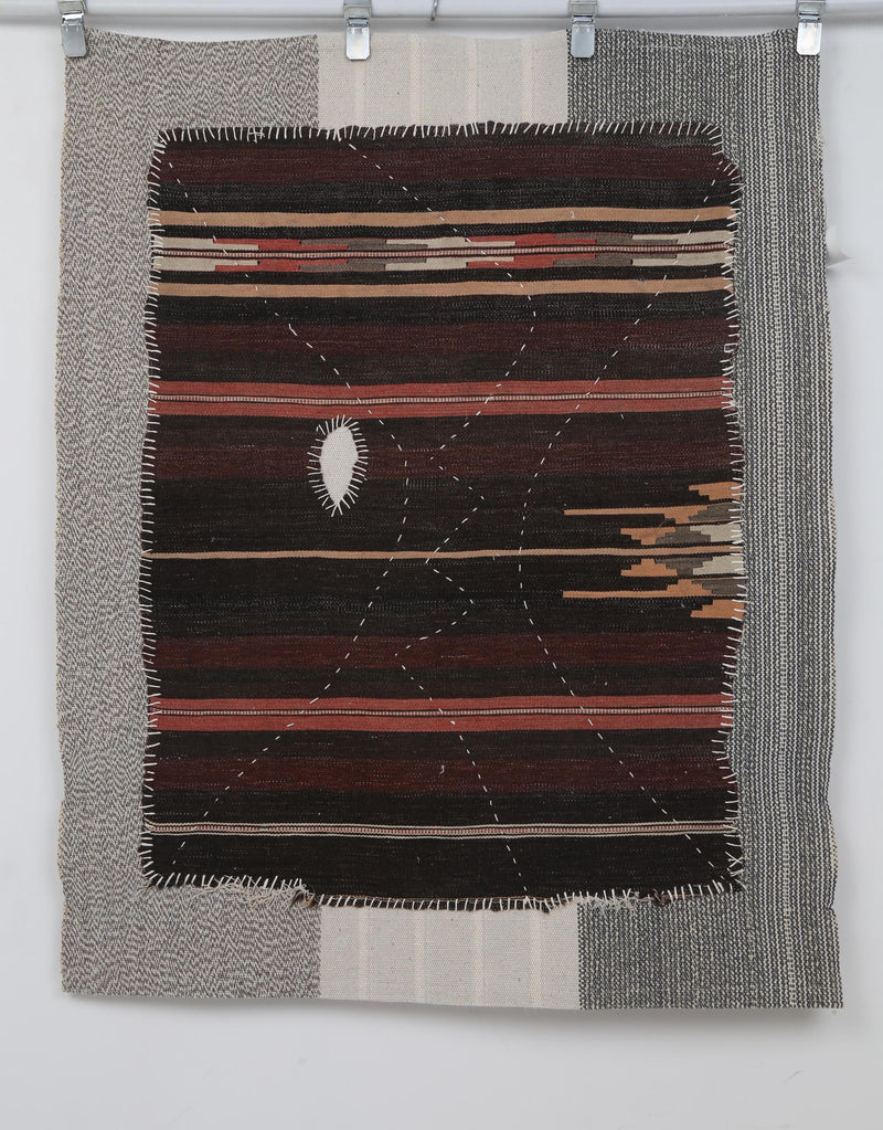 Vintage Turkish Tapestry Rug, Gray Black Kilim Motif Wall Hanging (3'5" x 4'4")