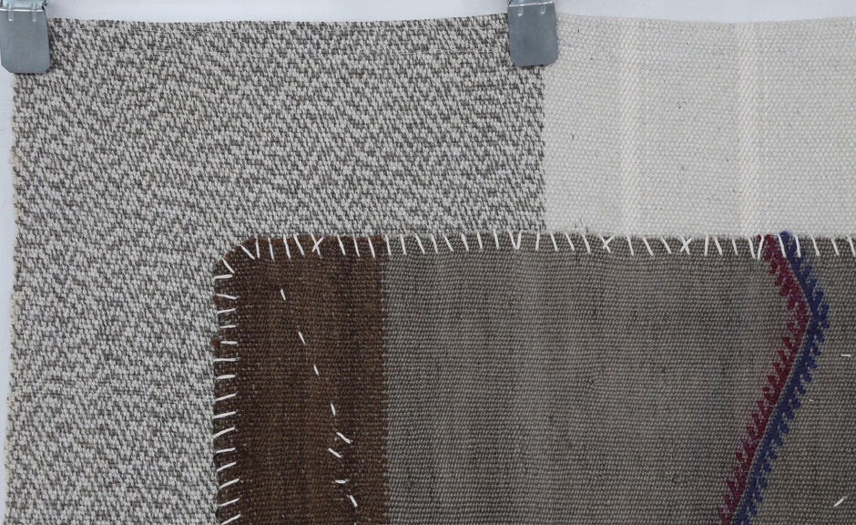3x4 Handmade Wool Hemp Tapestry Rug, Neutral Geometric Textile Wall Hanging, Rustic Fiber Art Decor