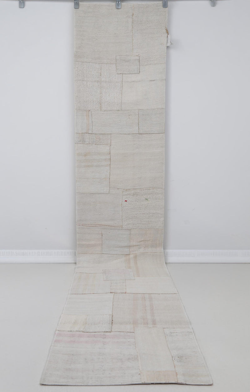 2x11 Vintage Turkish Hemp Patchwork Runner Rug, Handmade Ivory Neutral Hallway Runner, Long Minimalist Kitchen Rug