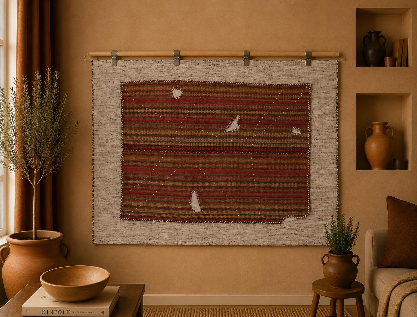 3x4 Handmade Wool Tapestry Rug, Aged Striped Textile Wall Hanging, Rustic Fiber Art Decor