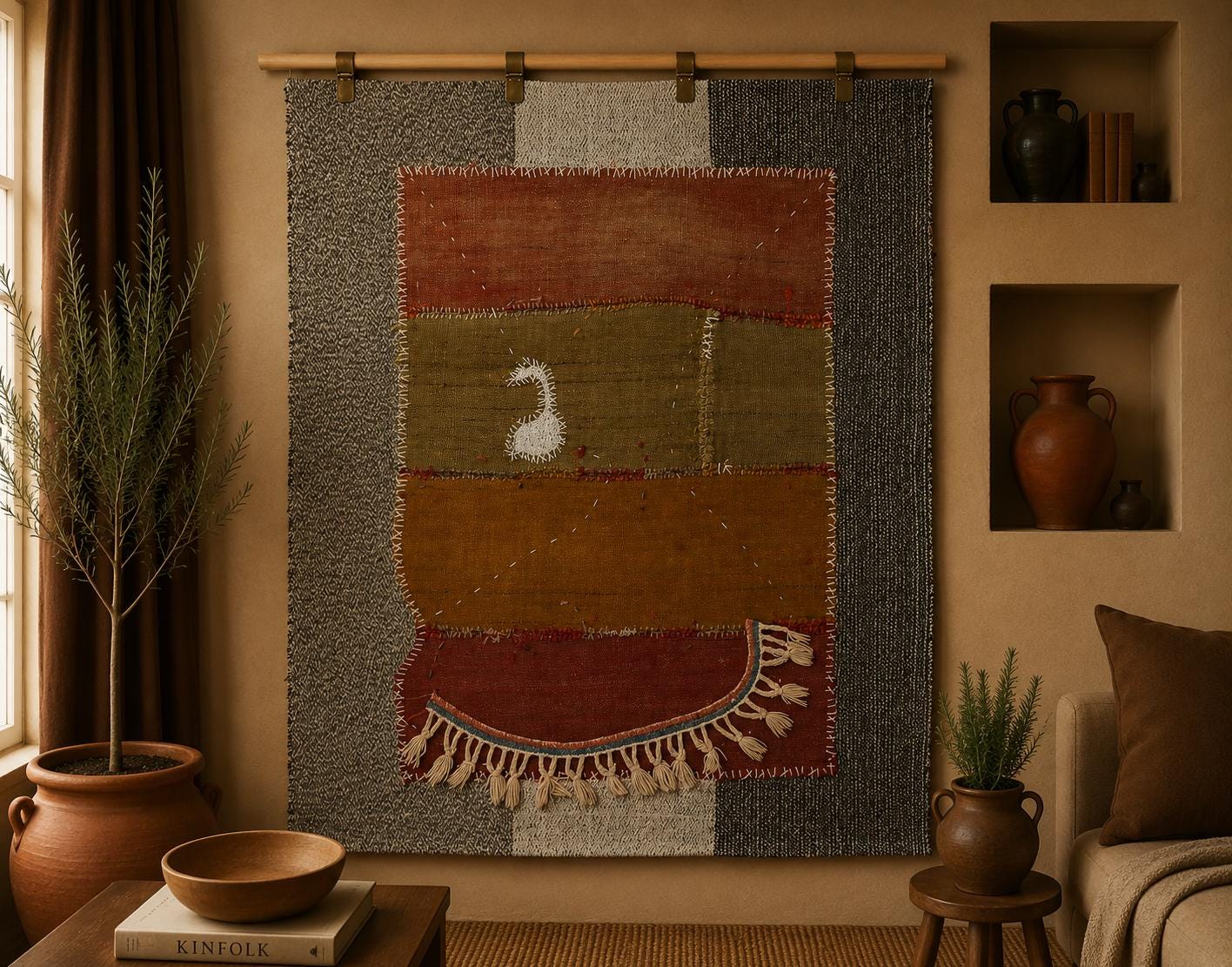 3x4 Handmade Wool Tapestry Rug, Abstract Textile Wall Hanging, Earth Tone Fiber Art Decor