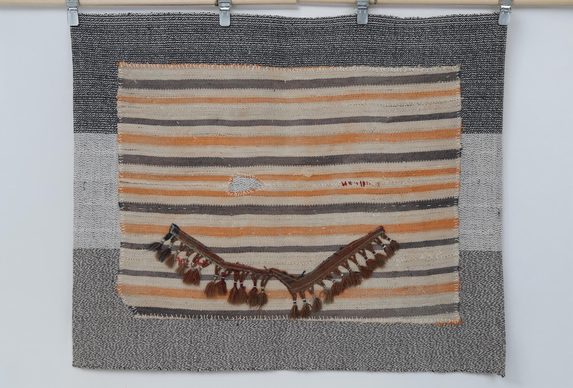 3x4 Handmade Wool Tapestry Rug, Striped Textile Wall Hanging, Minimalist Fiber Art Decor