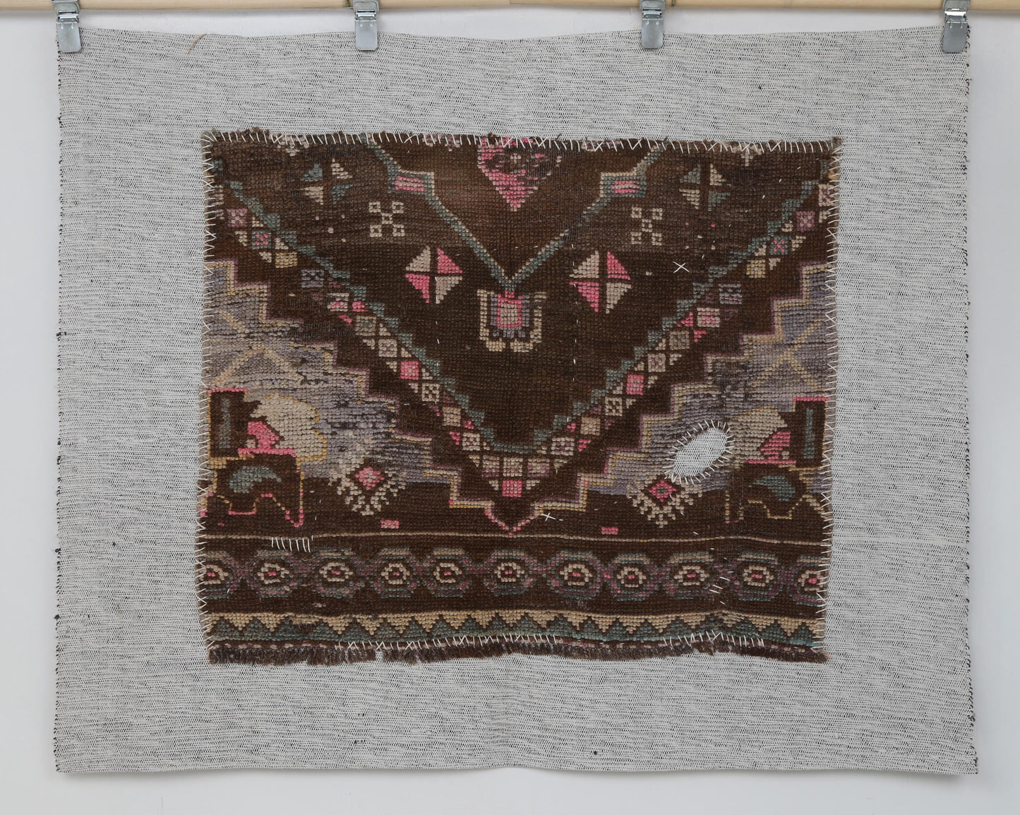 3x4 Handmade Wool Tapestry Rug, Brown Tribal Textile Wall Hanging, Rustic Fiber Art Decor