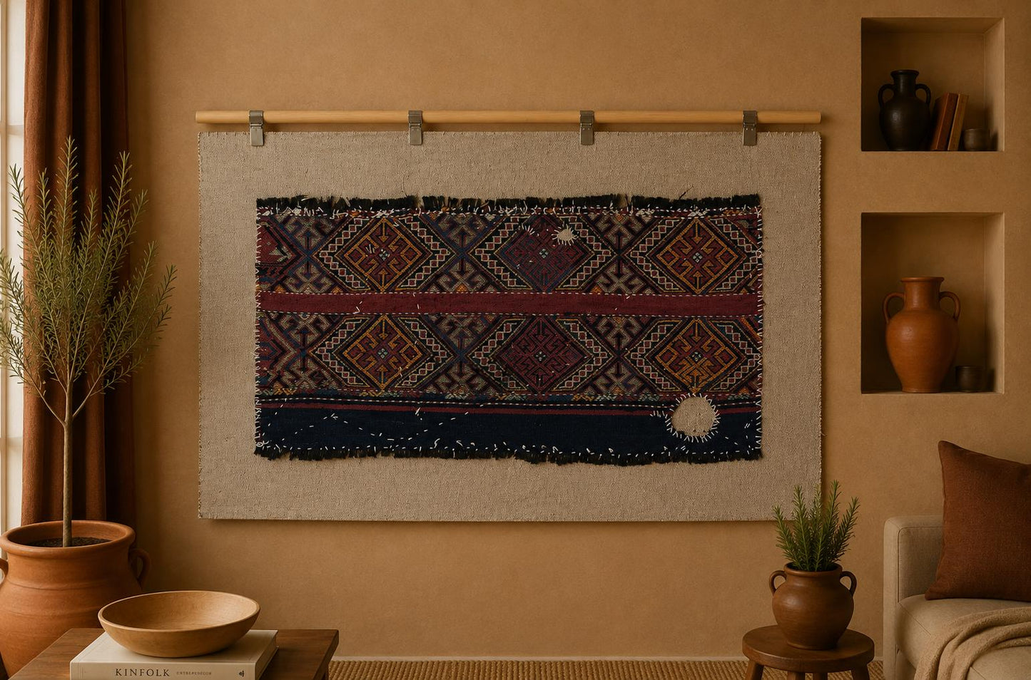 4x2 Handmade Wool Tapestry Rug, Tribal Textile Wall Hanging, Blue Red Fiber Art Decor