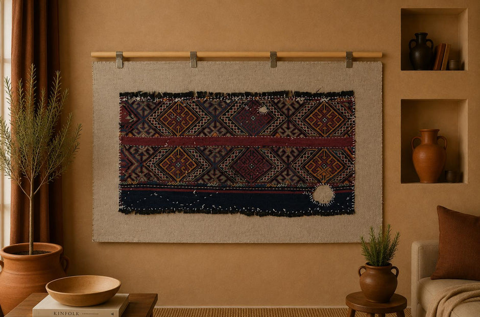 4x2 Handmade Wool Tapestry Rug, Tribal Textile Wall Hanging, Blue Red Fiber Art Decor