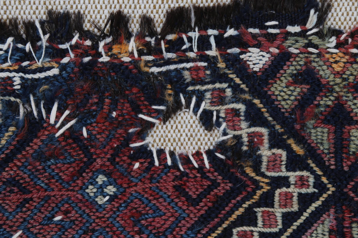 4x2 Handmade Wool Tapestry Rug, Tribal Textile Wall Hanging, Blue Red Fiber Art Decor
