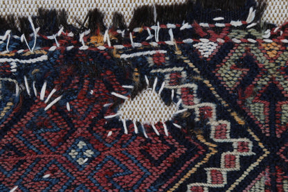 4x2 Handmade Wool Tapestry Rug, Tribal Textile Wall Hanging, Blue Red Fiber Art Decor