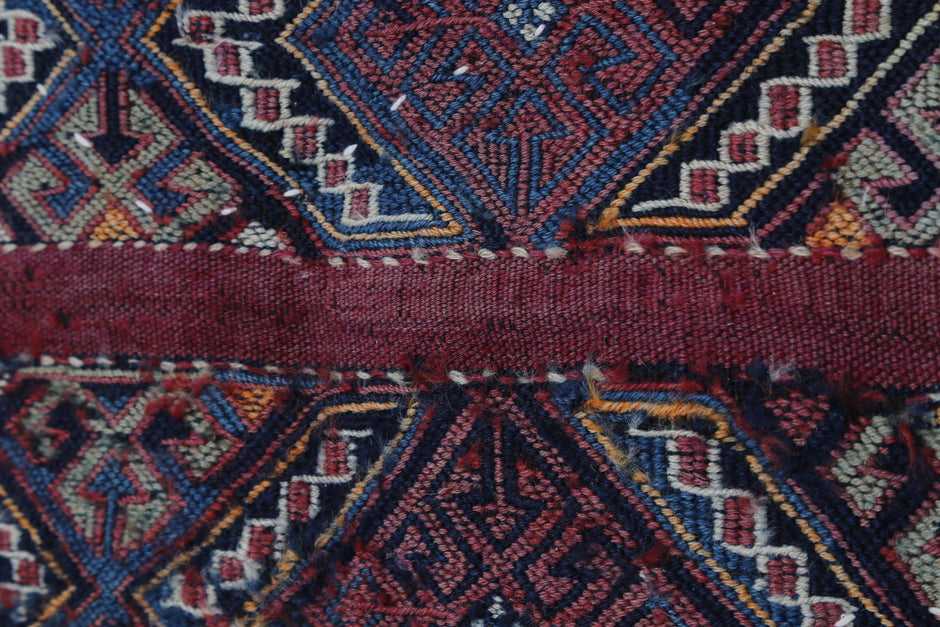 4x2 Handmade Wool Tapestry Rug, Tribal Textile Wall Hanging, Blue Red Fiber Art Decor