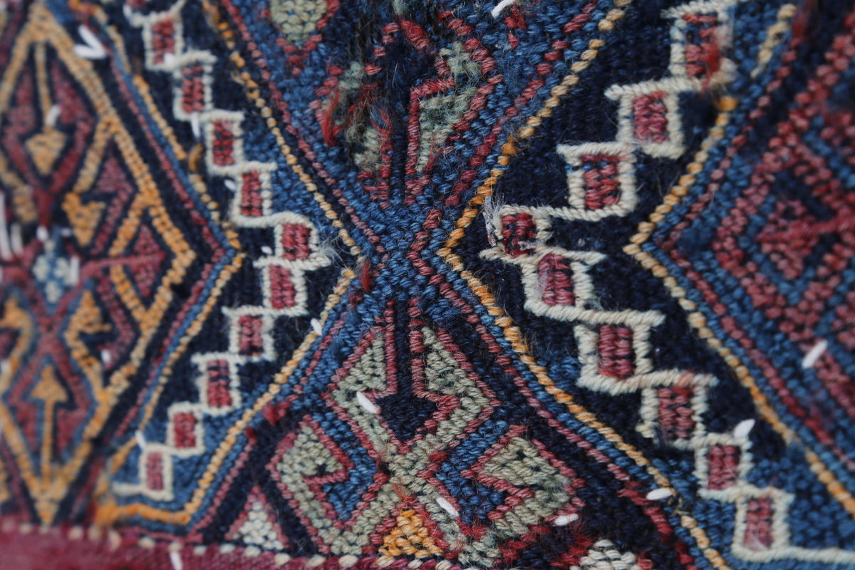 4x2 Handmade Wool Tapestry Rug, Tribal Textile Wall Hanging, Blue Red Fiber Art Decor