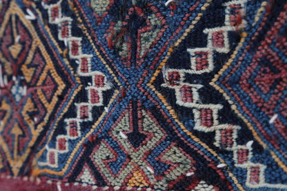 4x2 Handmade Wool Tapestry Rug, Tribal Textile Wall Hanging, Blue Red Fiber Art Decor