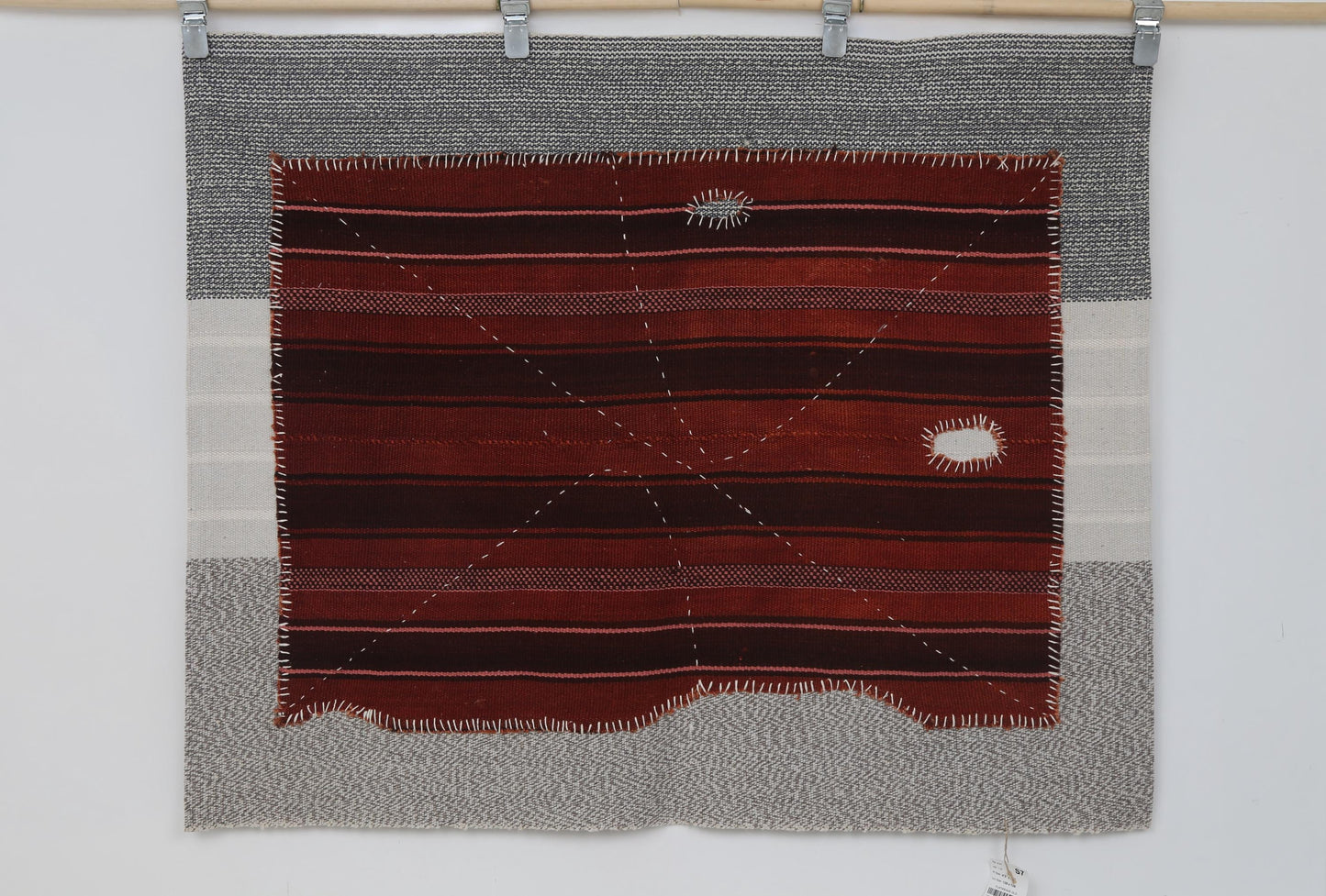 3x4 Handmade Wool Tapestry Rug, Red Striped Textile Wall Hanging, Rustic Fiber Art Decor