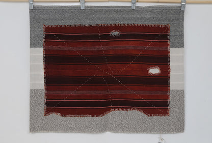 3x4 Handmade Wool Tapestry Rug, Red Striped Textile Wall Hanging, Rustic Fiber Art Decor