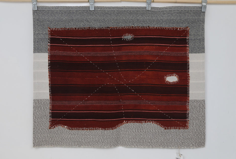 3x4 Handmade Wool Tapestry Rug, Red Striped Textile Wall Hanging, Rustic Fiber Art Decor