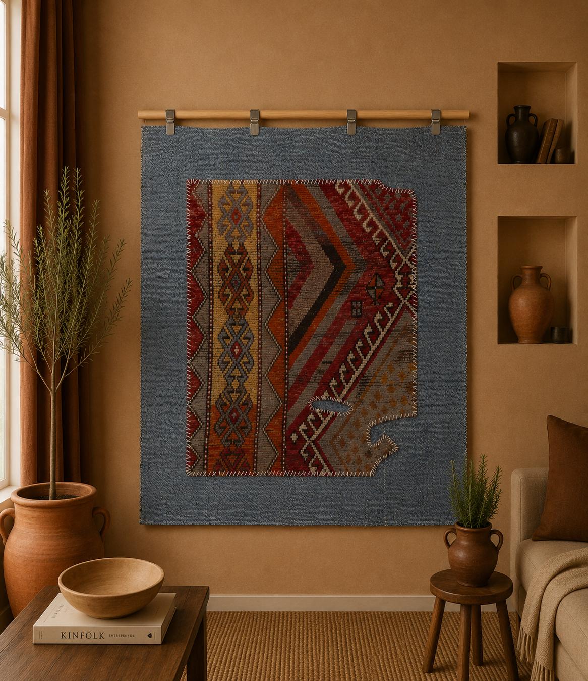 3x4 Handmade Wool Tapestry Rug, Earthy Tribal Textile Wall Hanging, Geometric Fiber Art Decor