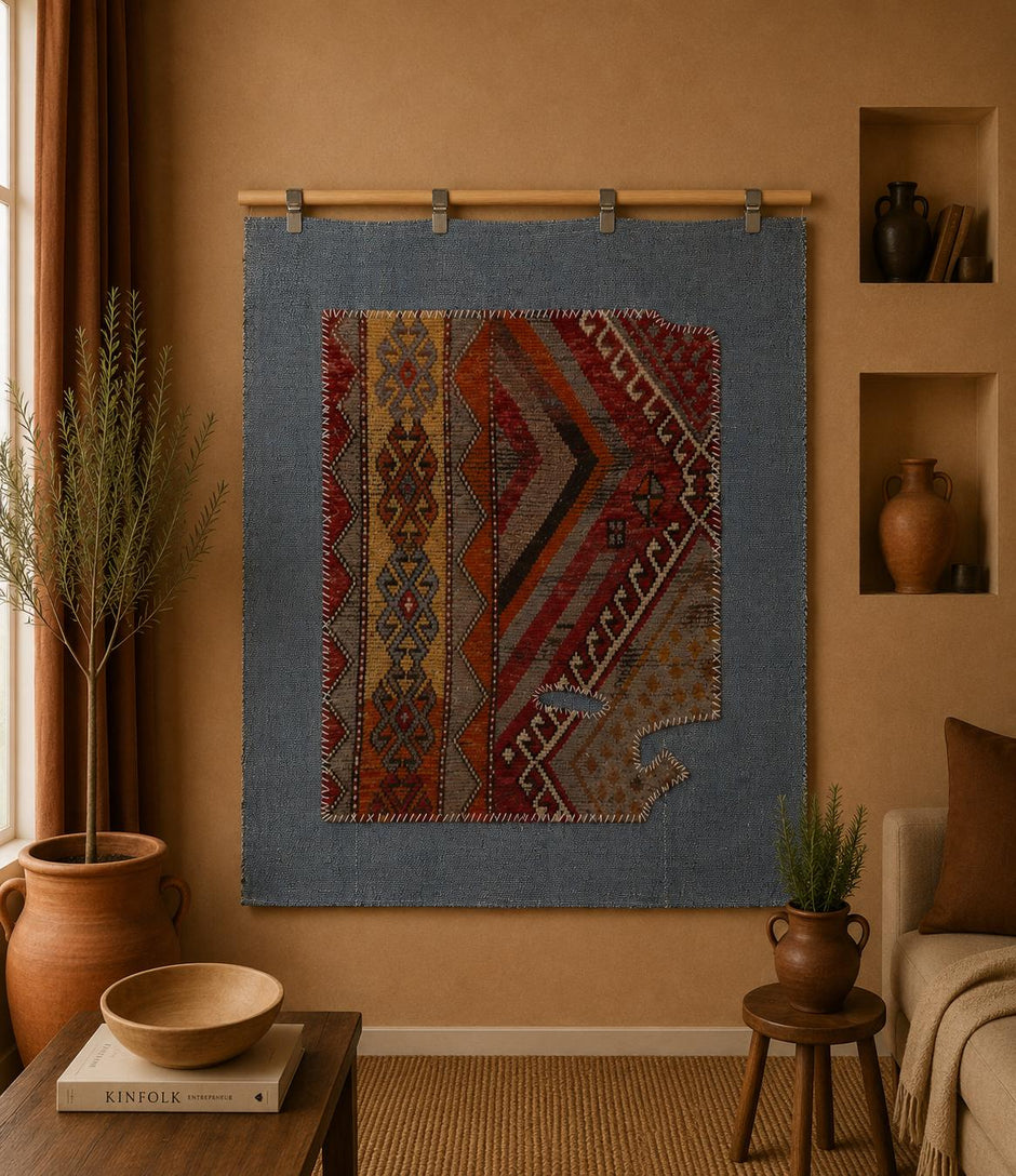 3x4 Handmade Wool Tapestry Rug, Earthy Tribal Textile Wall Hanging, Geometric Fiber Art Decor