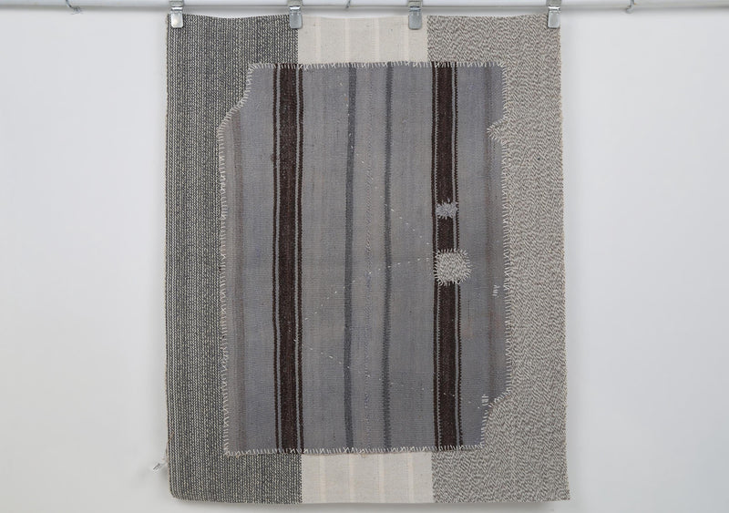 Vintage Turkish Kilim Tapestry Rug, Gray Charcoal Color Block Wall Hanging (3'6" x 4'3")
