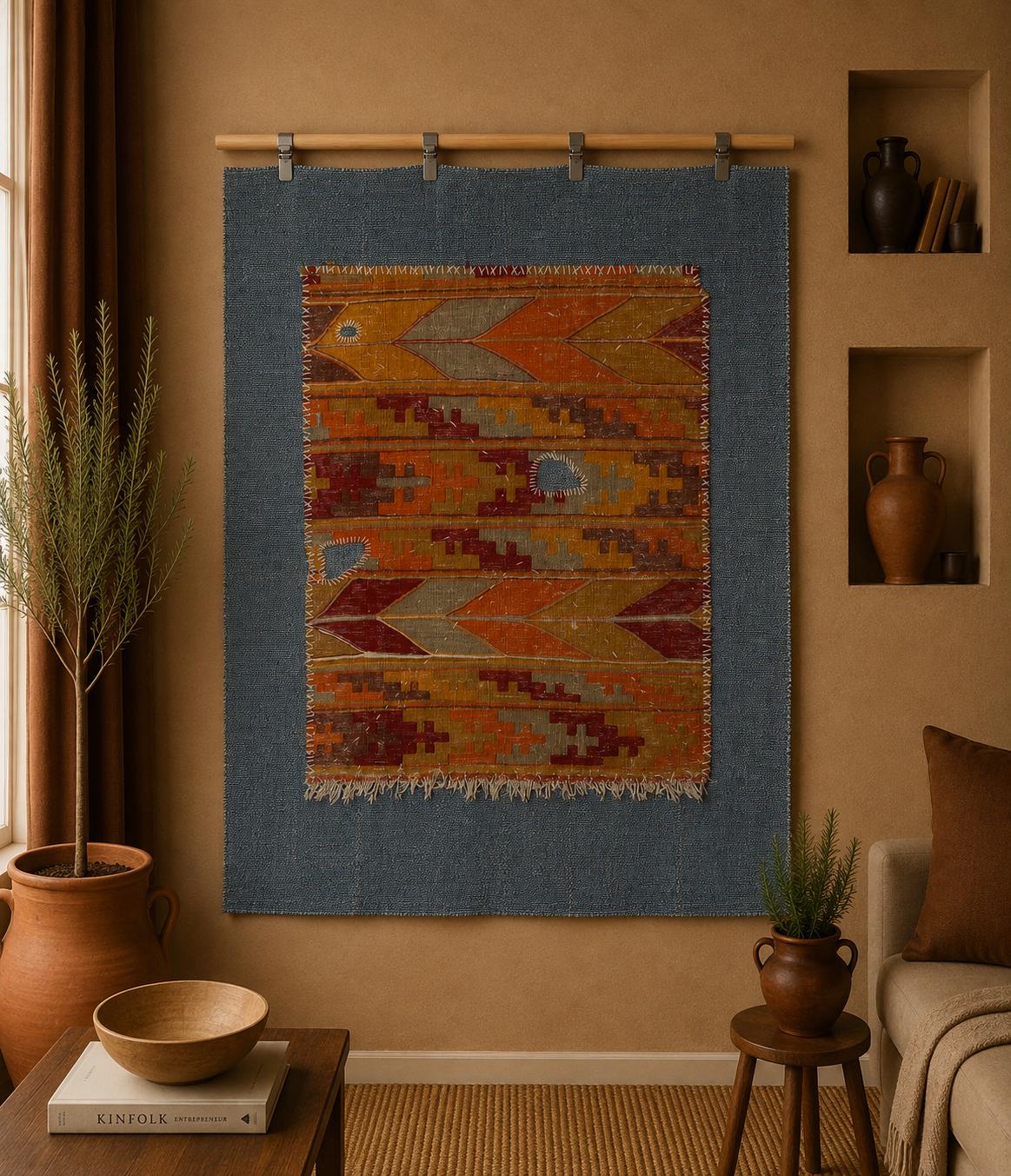 3x4 Handmade Wool Tapestry Rug, Vibrant Orange Tribal Textile Wall Hanging, Geometric Fiber Art Decor