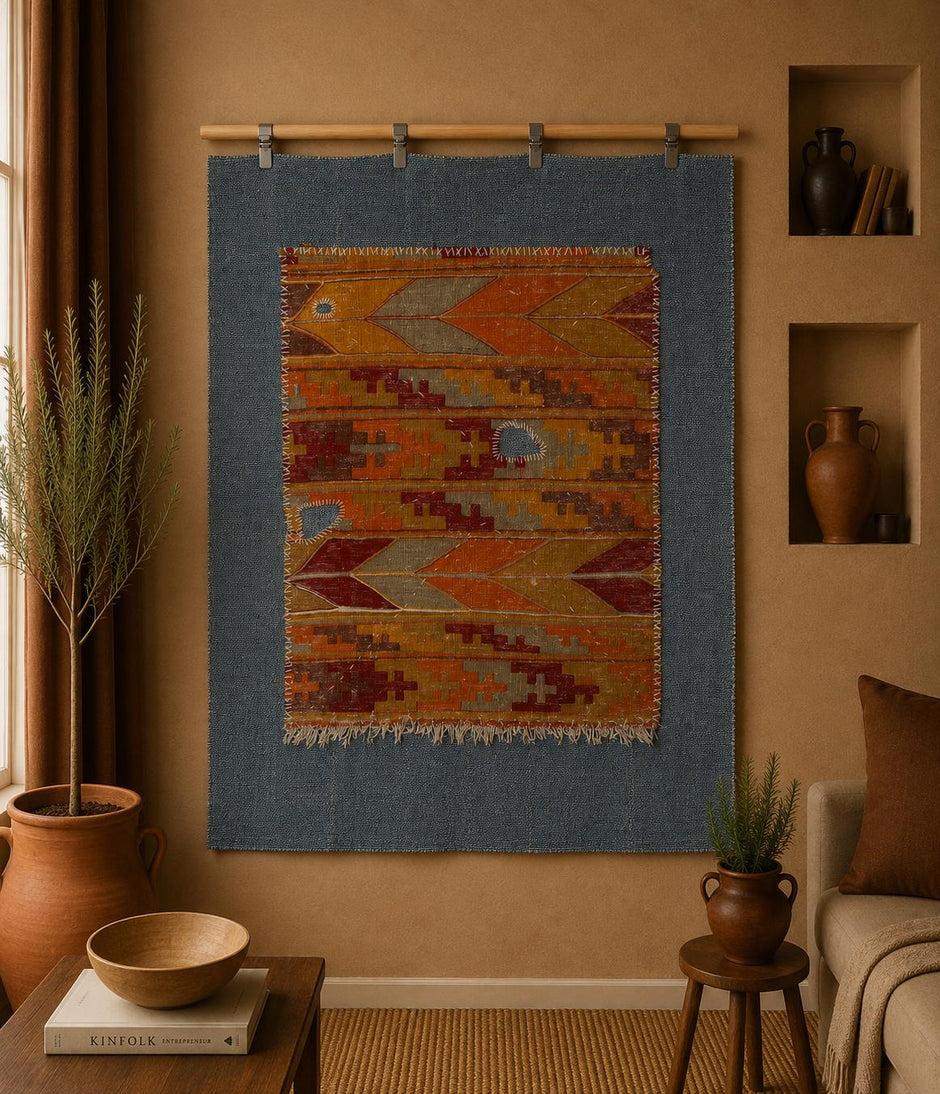 3x4 Handmade Wool Tapestry Rug, Vibrant Orange Tribal Textile Wall Hanging, Geometric Fiber Art Decor