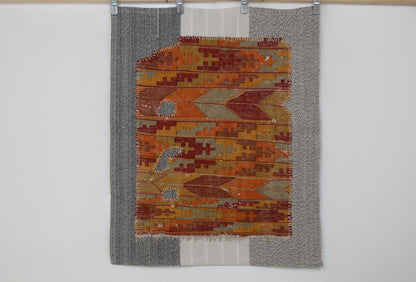 3x4 Handmade Wool Tapestry Rug, Orange Tribal Textile Wall Hanging, Geometric Fiber Art Decor