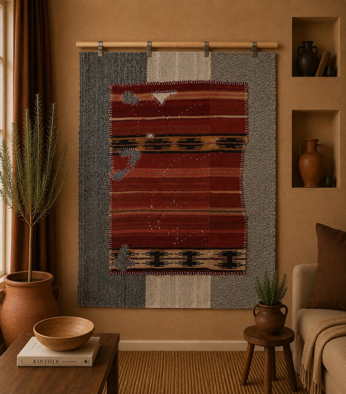 3x4 Handmade Wool Tapestry Rug, Red Tribal Textile Wall Hanging, Geometric Fiber Art Decor