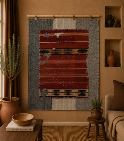 3x4 Handmade Wool Tapestry Rug, Red Tribal Textile Wall Hanging, Geometric Fiber Art Decor