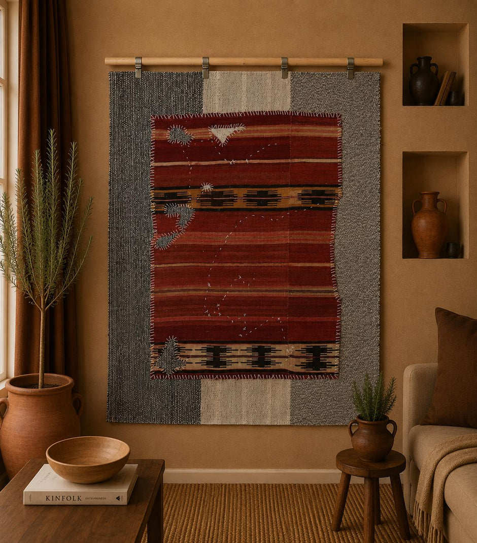 3x4 Handmade Wool Tapestry Rug, Red Tribal Textile Wall Hanging, Geometric Fiber Art Decor