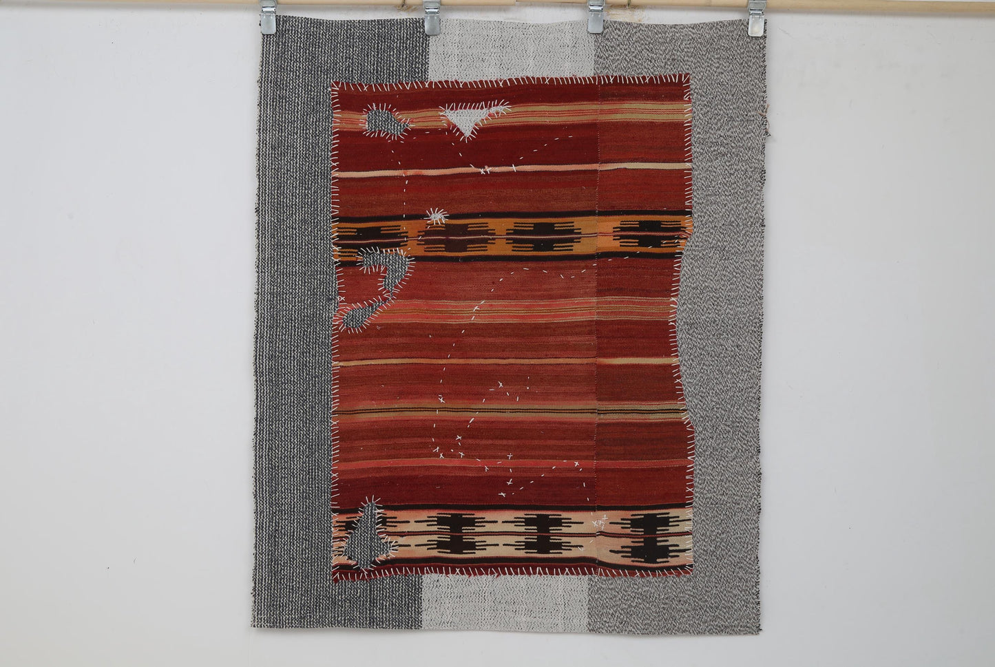 3x4 Handmade Wool Tapestry Rug, Red Tribal Textile Wall Hanging, Geometric Fiber Art Decor