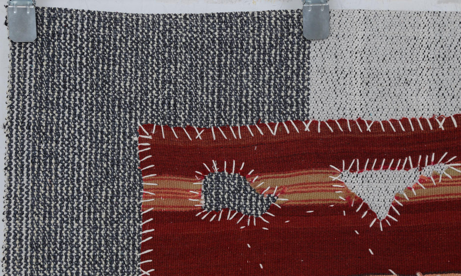 3x4 Handmade Wool Tapestry Rug, Red Tribal Textile Wall Hanging, Geometric Fiber Art Decor