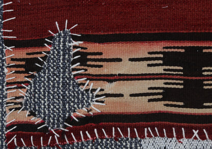 3x4 Handmade Wool Tapestry Rug, Red Tribal Textile Wall Hanging, Geometric Fiber Art Decor