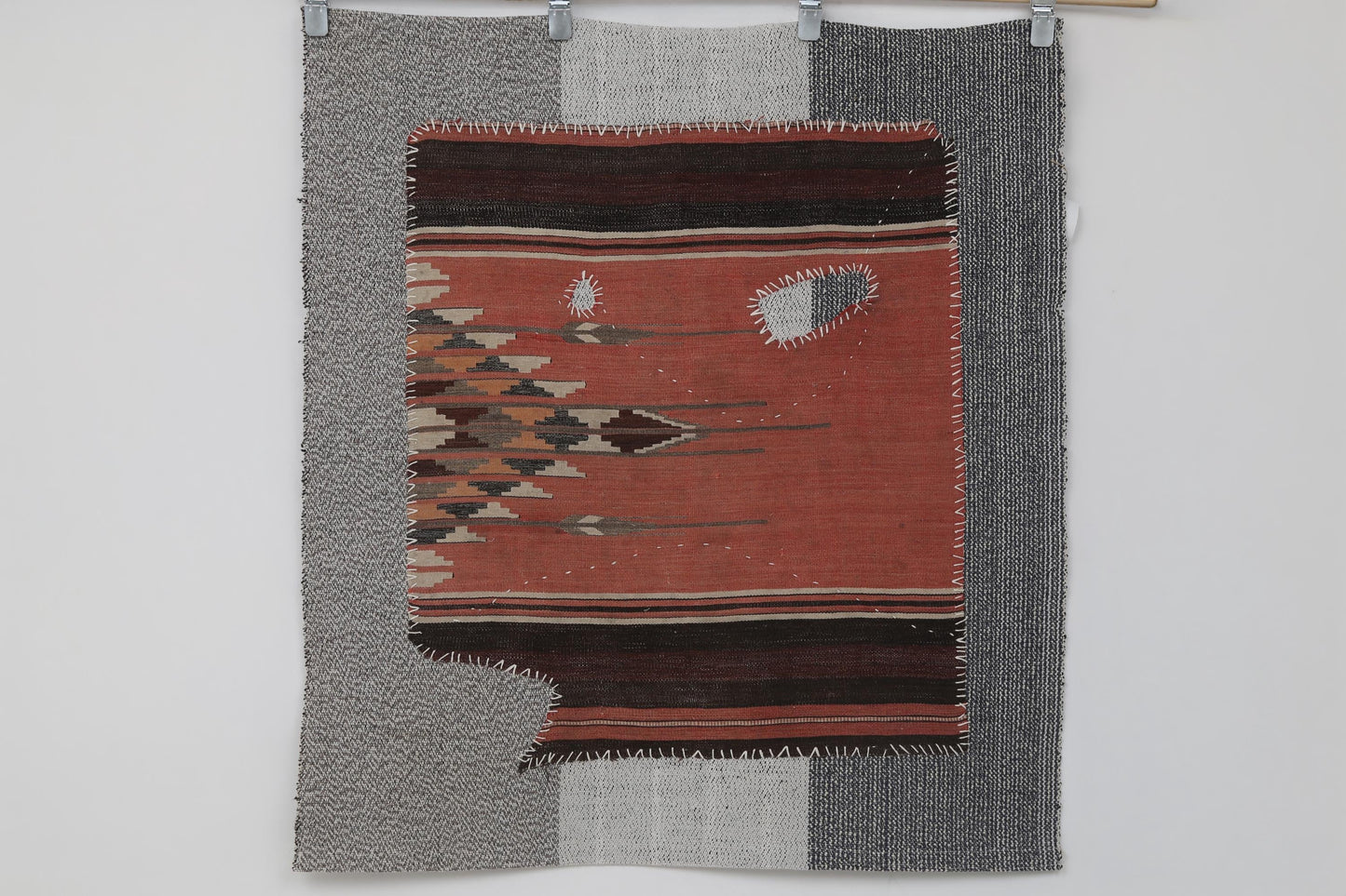 3x4 Handmade Wool Tapestry Rug, Red Tribal Textile Wall Hanging, Rustic Fiber Art Decor