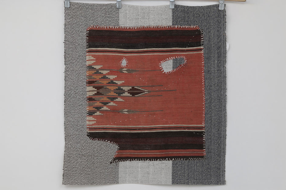 3x4 Handmade Wool Tapestry Rug, Red Tribal Textile Wall Hanging, Rustic Fiber Art Decor