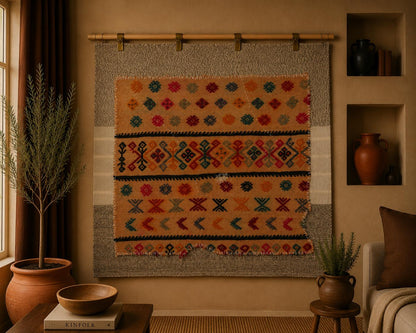 3x4 Handmade Wool Tapestry Rug, Tribal Textile Wall Hanging, Geometric Fiber Art Decor