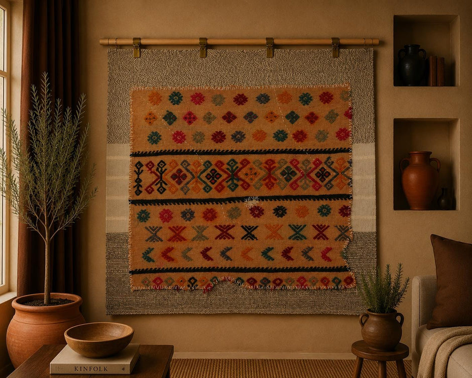 3x4 Handmade Wool Tapestry Rug, Tribal Textile Wall Hanging, Geometric Fiber Art Decor