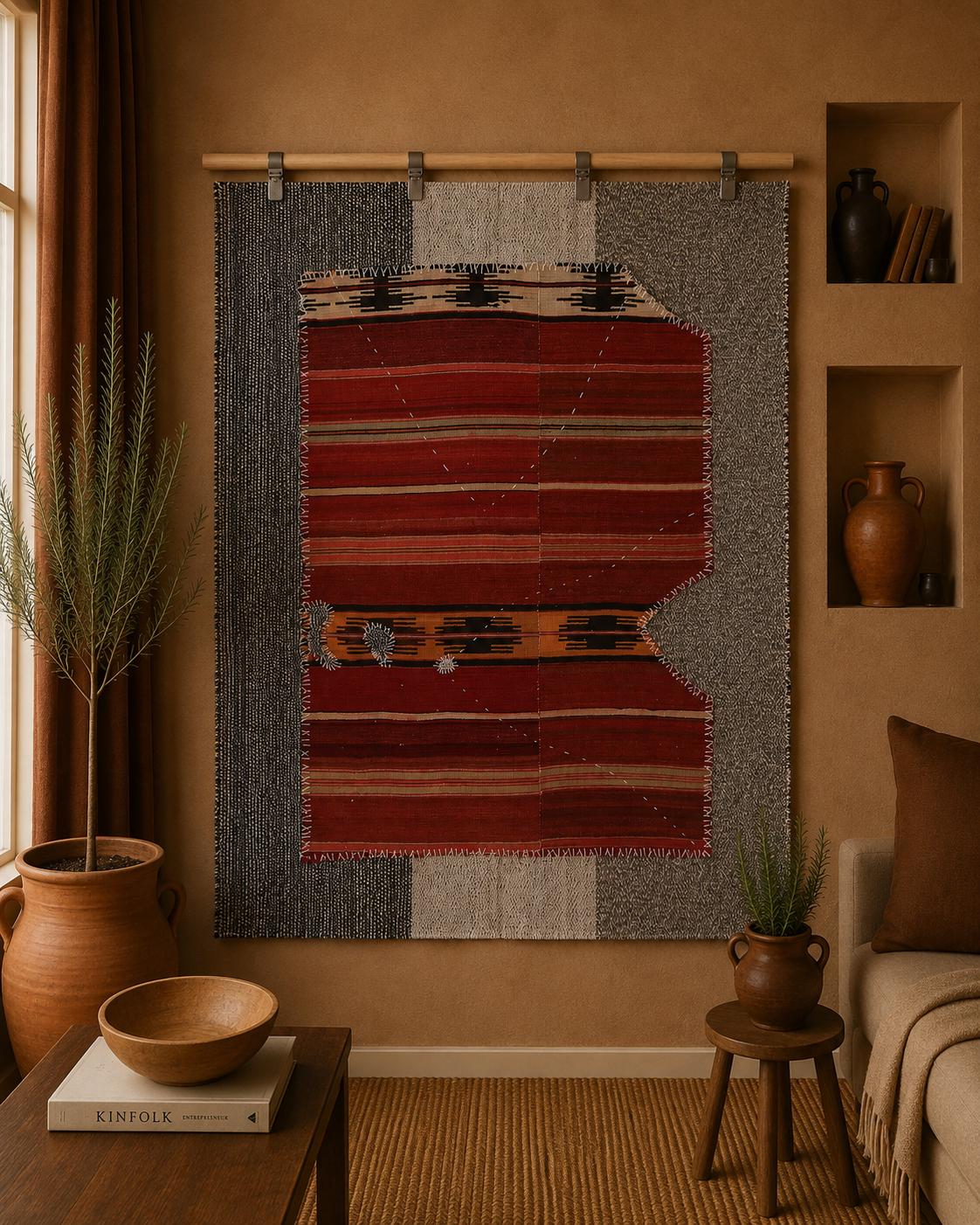 3x4 Handmade Wool Tapestry Rug, Red Tribal Textile Wall Hanging, Rustic Fiber Art Decor
