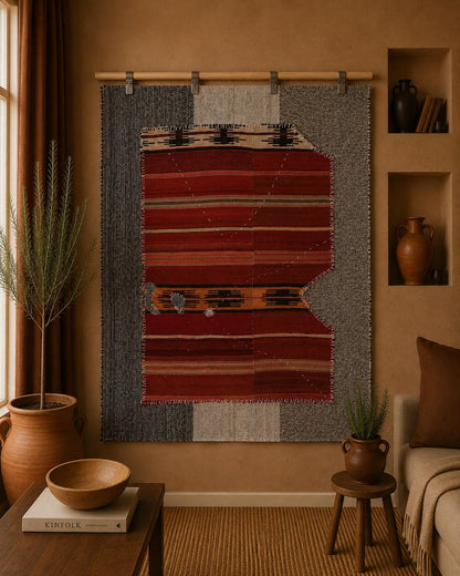 3x4 Handmade Wool Tapestry Rug, Red Tribal Textile Wall Hanging, Rustic Fiber Art Decor