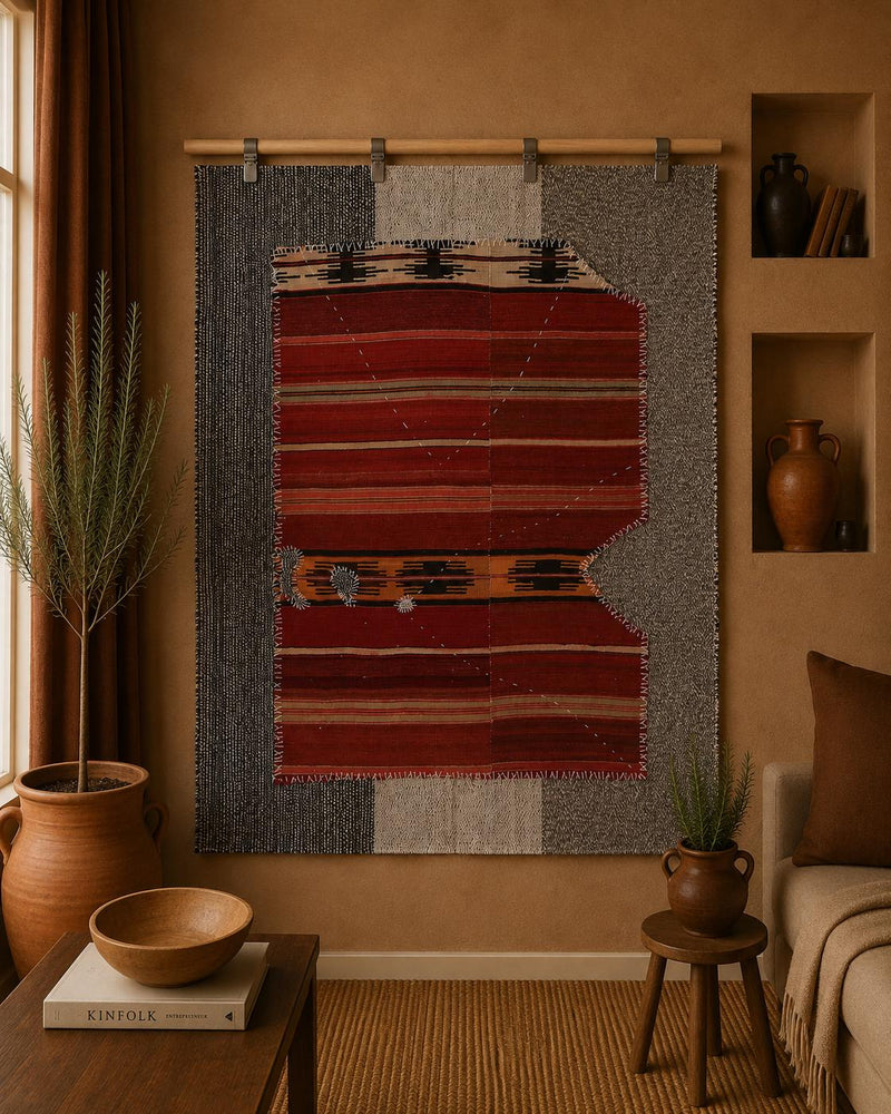 Vintage Turkish Tapestry Rug, Red Kilim Motif Wall Hanging (3'7" x 4'4") - photo 1 of 10
