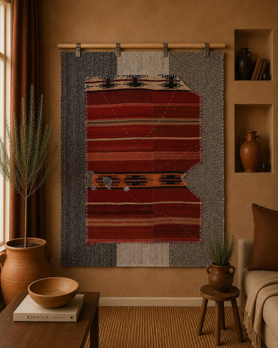 3x4 Handmade Wool Tapestry Rug, Red Tribal Textile Wall Hanging, Rustic Fiber Art Decor