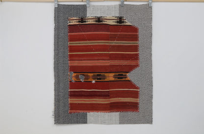 3x4 Handmade Wool Tapestry Rug, Red Tribal Textile Wall Hanging, Rustic Fiber Art Decor
