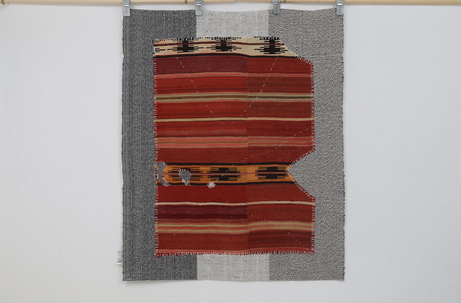 3x4 Handmade Wool Tapestry Rug, Red Tribal Textile Wall Hanging, Rustic Fiber Art Decor