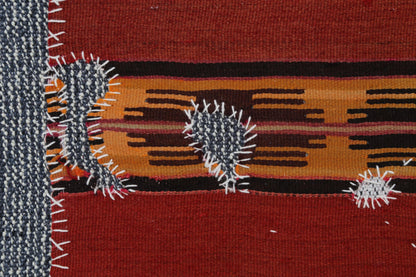 3x4 Handmade Wool Tapestry Rug, Red Tribal Textile Wall Hanging, Rustic Fiber Art Decor
