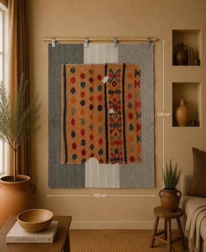 3x4 Handmade Wool Tapestry Rug, Tribal Textile Wall Hanging, Geometric Fiber Art Decor