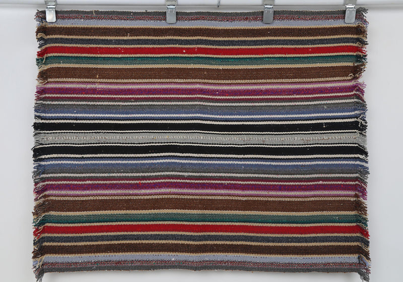 Vintage Turkish Tapestry Rug, Red Black Striped Wall Hanging (2'9" x 3'4")