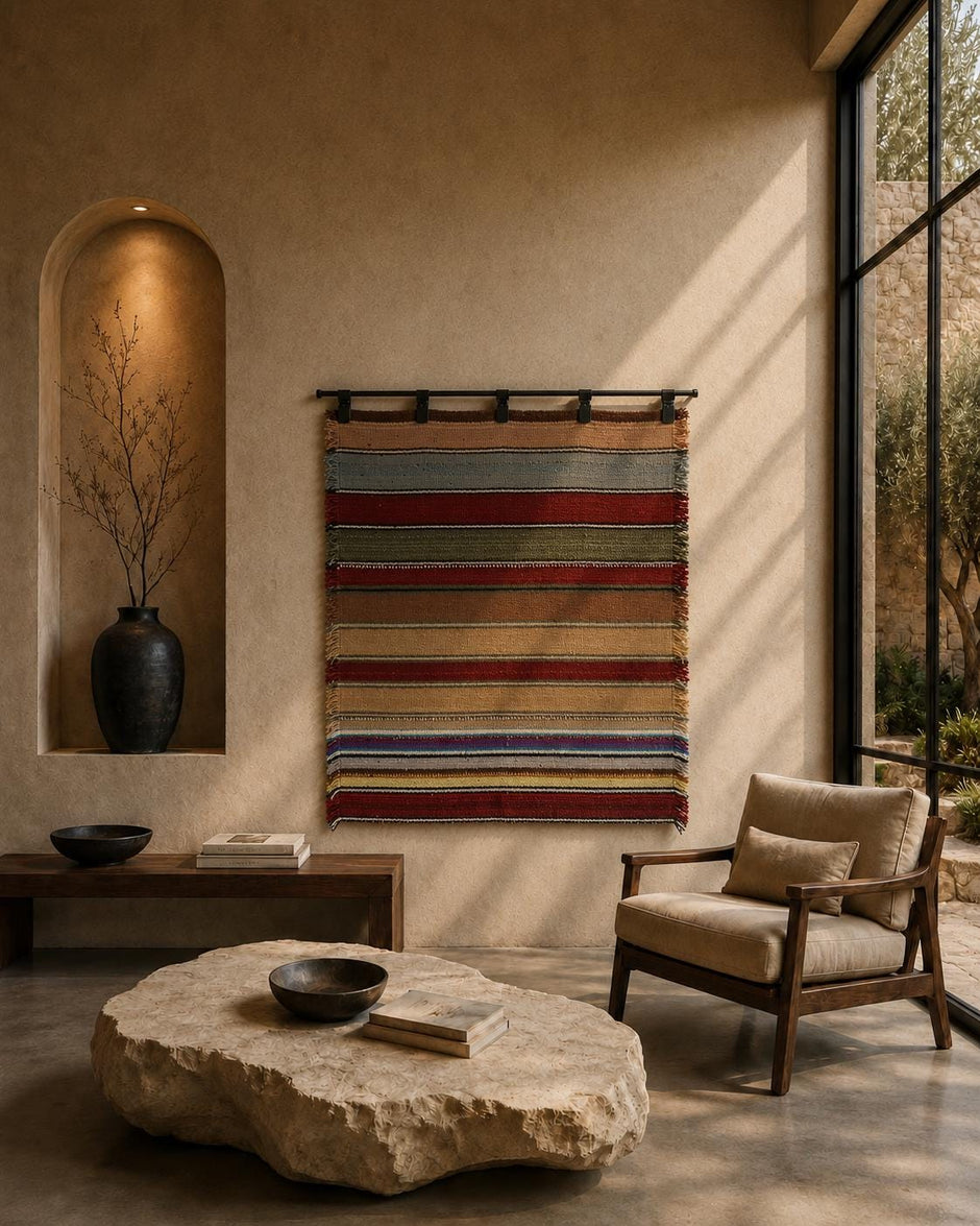 3x4 Vintage Turkish Tapestry Rug, Handmade Striped Wall Hanging, Wool Cotton Textile Wall Art, Boho Woven Decor