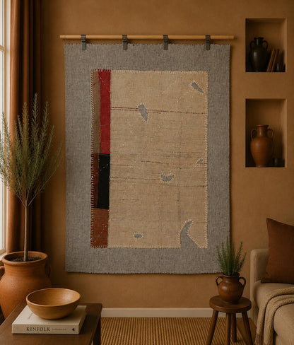 3x4 Beige Wool Tapestry Rug, Minimalist Abstract Textile Wall Hanging, Modern Fiber Art Decor